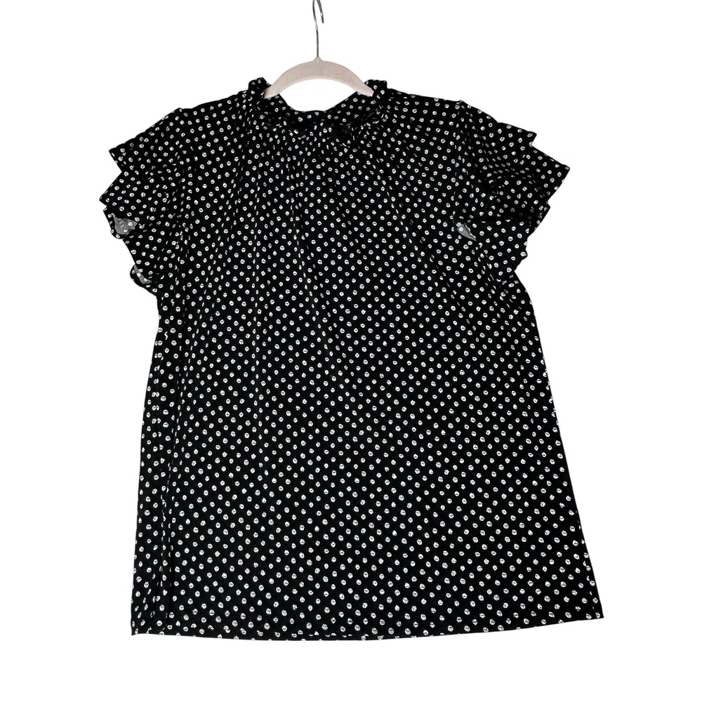 Adrianna Papell Polka Dot Flutter Sleeve Blouse Black White Ruffle Neck NWT L - Picture 2 of 7
